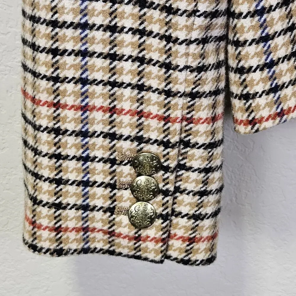 J.Crew Tweed Schoolboy Blazer Women 14 Camel Navy Plaid Gold Crest Buttons NEW